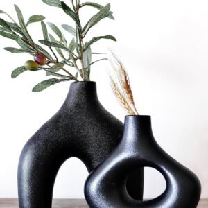 Donut Vase, Set of 2 - Minimalist Nordic, White Ceramic Hollow Donut Vase Decor | Table Centerpiece, Olive Plant, Wedding, Living Room, Bookshelf, Office, Modern Home, Entryway, Console