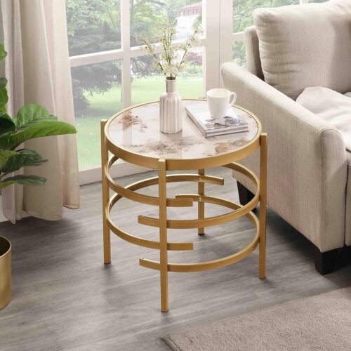 Modern Round Sofa Side Table for Living Room, Gold Small Coffee Table with Sintered Stone Top, Metal Frame, Easy Upkeep and Install, 20.7" W High-Temperature End Table