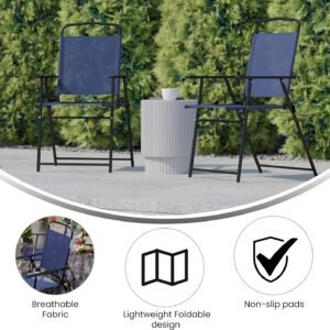 Mystic Folding Patio Sling Chairs, Outdoor Textilene Lawn Chairs with Armrests, Set of 2, Navy