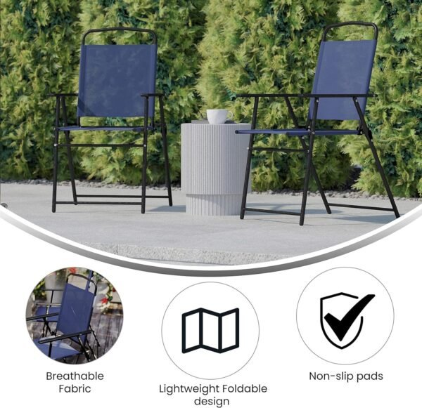 Mystic Folding Patio Sling Chairs, Outdoor Textilene Lawn Chairs with Armrests, Set of 2, Navy