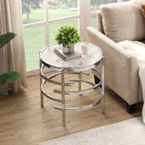 91h5ai1DgJL._AC_SL1500.jpg Modern Round Sofa Side Table for Living Room, Gold Small Coffee Table with Sintered Stone Top, Metal Frame, Easy Upkeep and Install, 20.7" W High-Temperature End Table