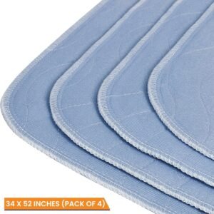 Waterproof Incontinence Bed Pads 34 x 52 Inches (Pack of 4, Blue), Washable and Reusable Underpads for Adults, Elderly and Pets, Absorbent Protective Pads