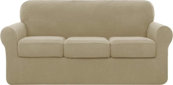 4 Piece Sofa Cover High Stretch Couch Slipcover for 3 Cushion Soft Sofa Slipcover Jacquard Fabric Furniture Covers with Elastic Bottom Machine Washable(Light Gray,Large)