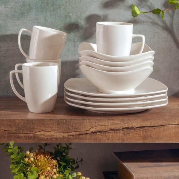 Porcelain Chip and Scratch Resistant Dinnerware set, Service for 4 (12pcs), White (Soft Square)