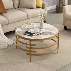 A1ANEl8o2-L._AC_SL1500.jpg Modern Round Sofa Side Table for Living Room, Gold Small Coffee Table with Sintered Stone Top, Metal Frame, Easy Upkeep and Install, 20.7" W High-Temperature End Table