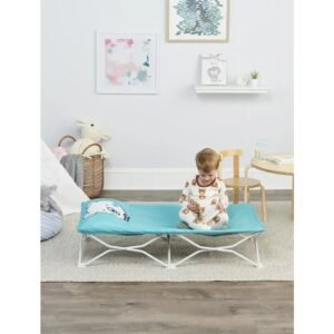 Portable crib with blue fitted sheet  folding bed furniture  folding bed with mattress