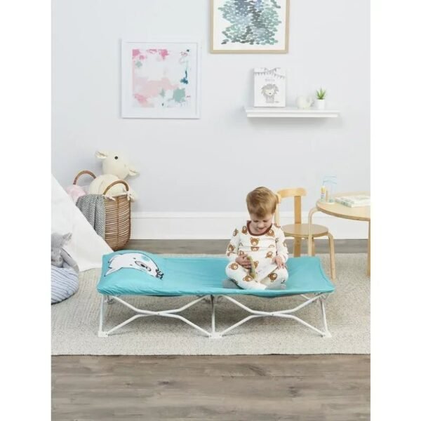 Portable crib with blue fitted sheet  folding bed furniture  folding bed with mattress