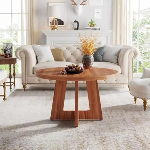 Room Home Office 31.4-Inch Wood Circle Coffee Table with Cross Base, Round Accent Center Table for Living