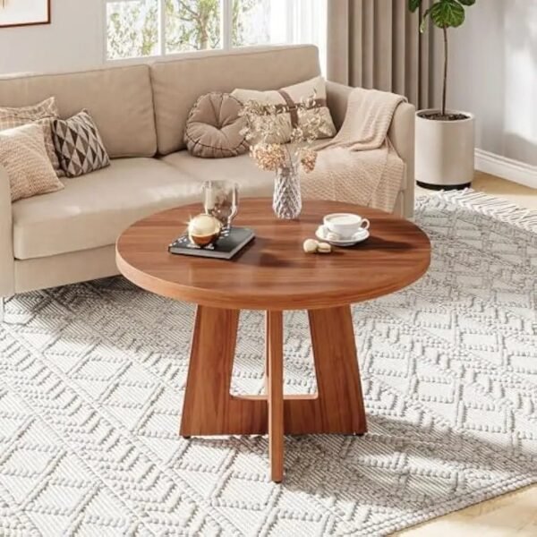 Room Home Office 31.4-Inch Wood Circle Coffee Table with Cross Base, Round Accent Center Table for Living