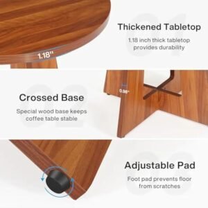 Room Home Office 31.4-Inch Wood Circle Coffee Table with Cross Base, Round Accent Center Table for Living