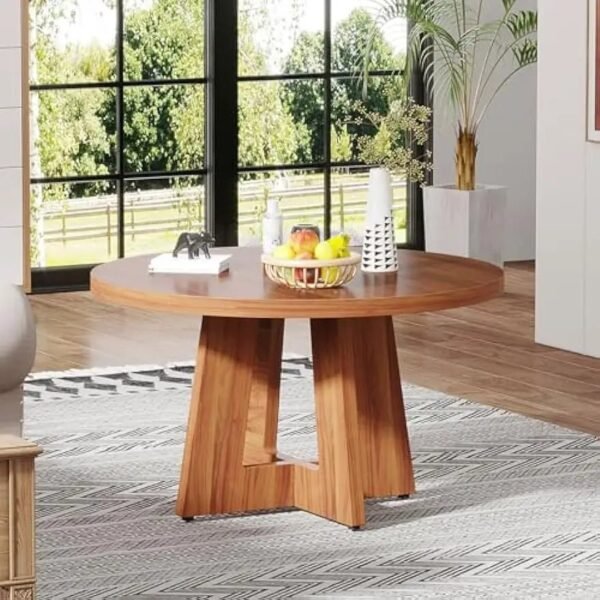 Room Home Office 31.4-Inch Wood Circle Coffee Table with Cross Base, Round Accent Center Table for Living