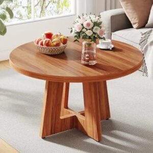 Room Home Office 31.4-Inch Wood Circle Coffee Table with Cross Base, Round Accent Center Table for Living