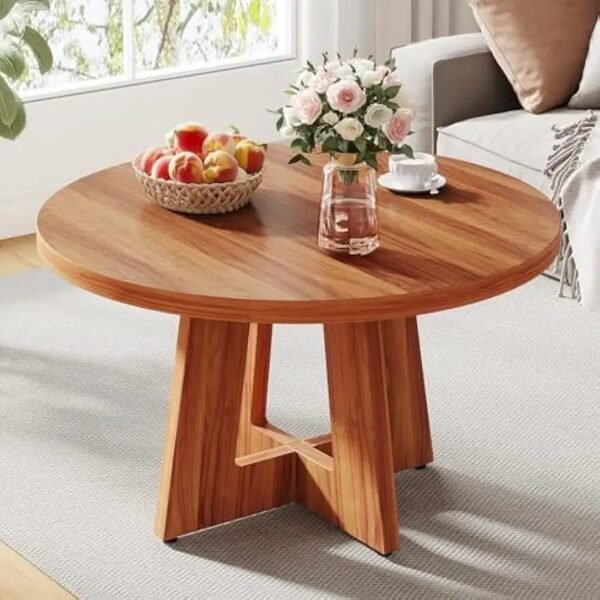 Room Home Office 31.4-Inch Wood Circle Coffee Table with Cross Base, Round Accent Center Table for Living